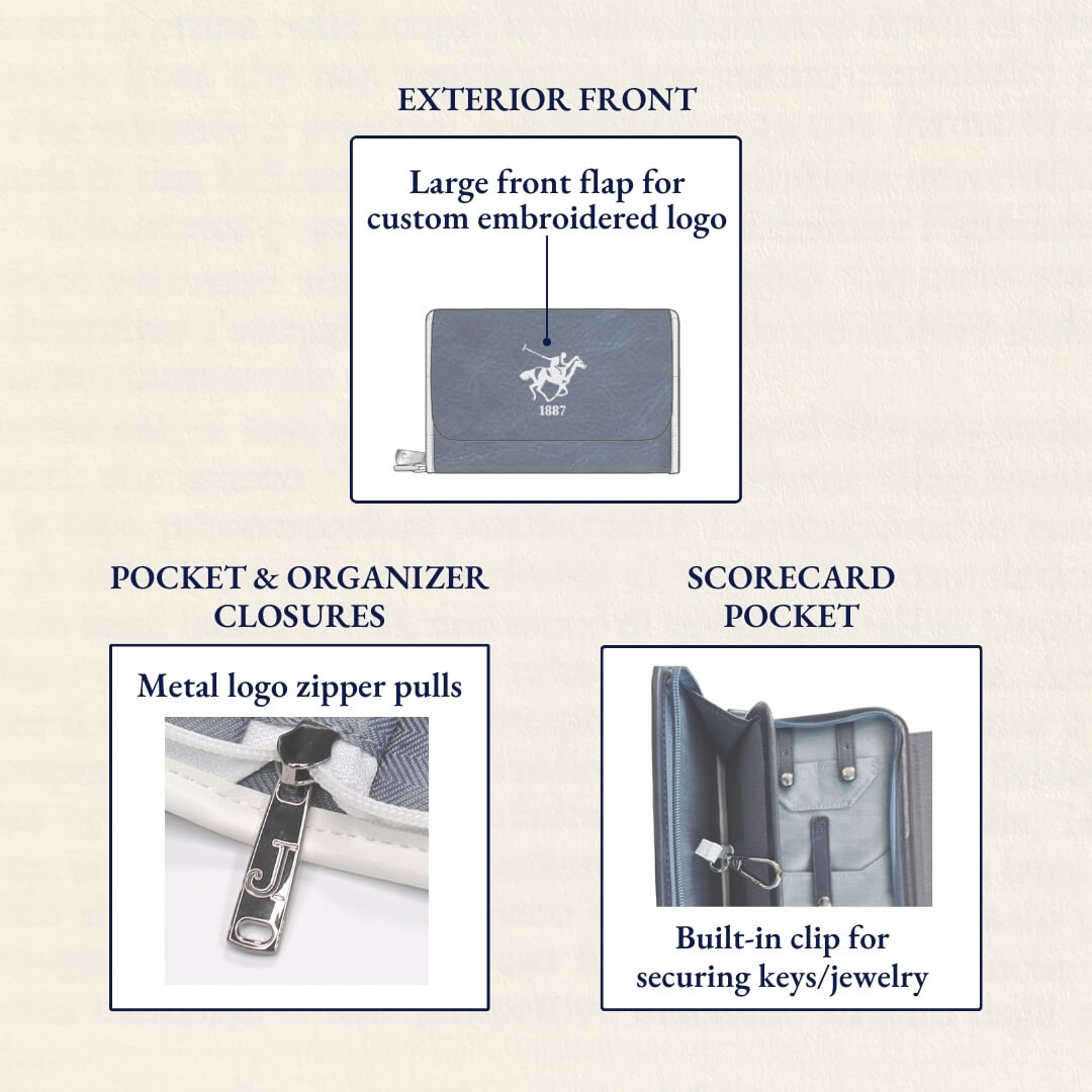 The Pilgrim by Jolly Golf. Product features of golf bag organizer with text labels on a cream background.