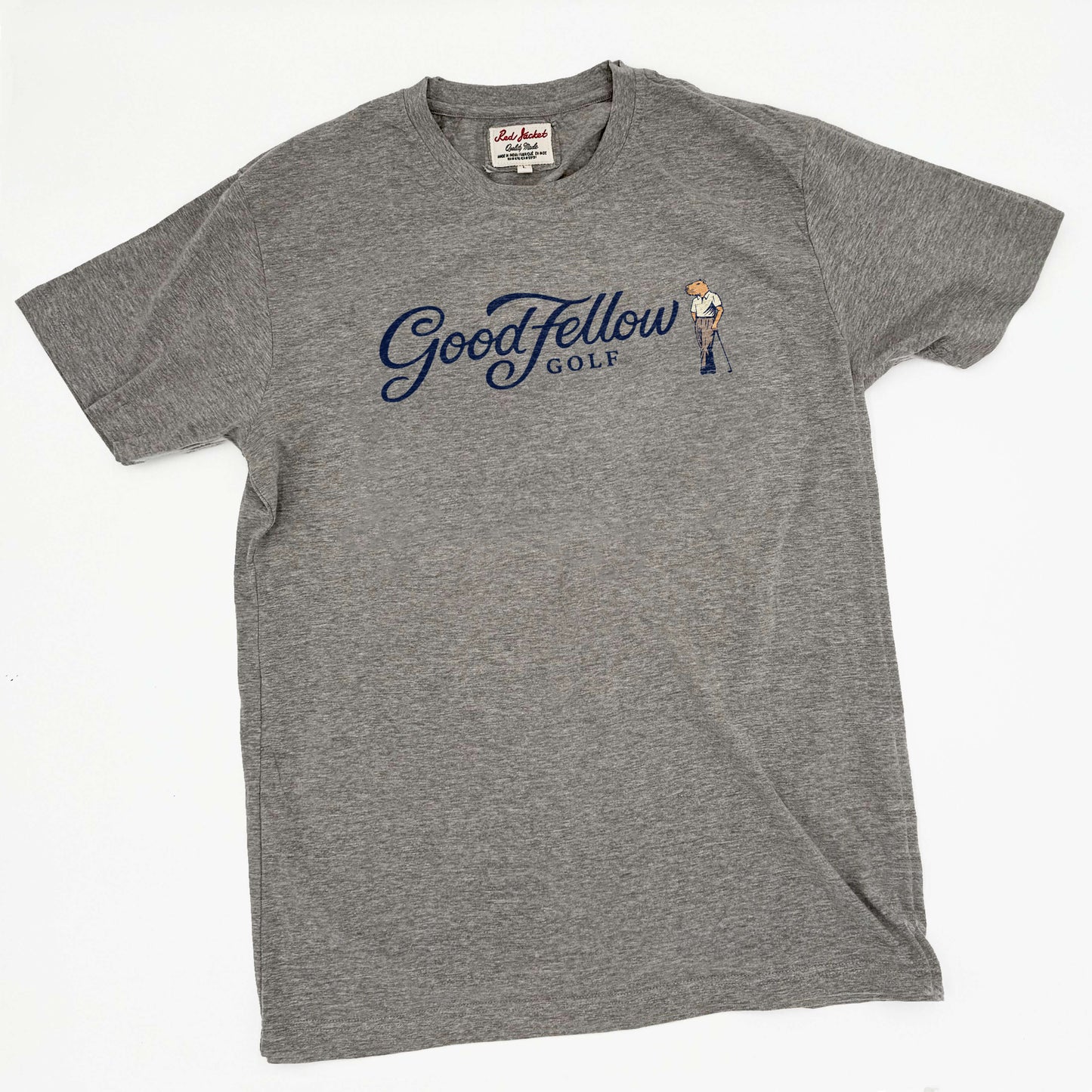 Heather grey crew neck Good Fellow Golf tee with logo
