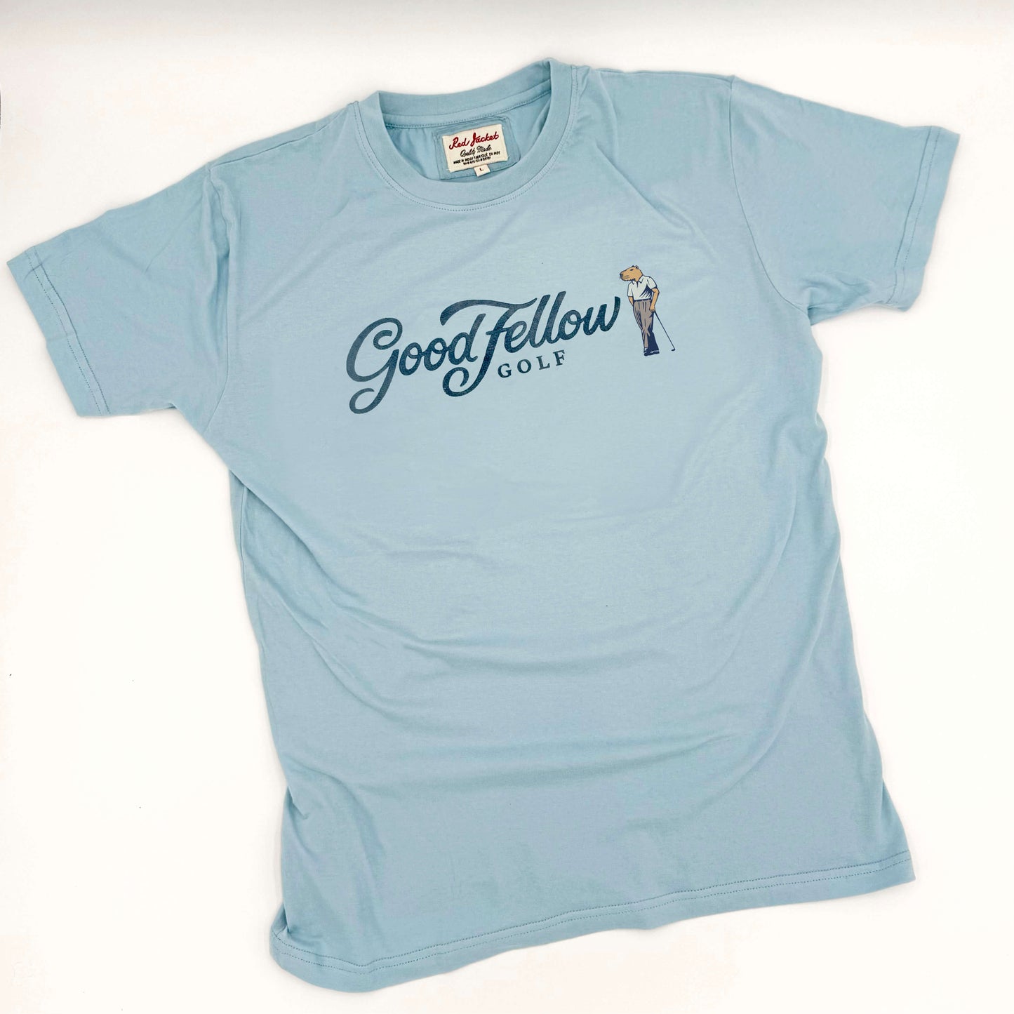 Light blue crew neck Good Fellow Golf tee with logo