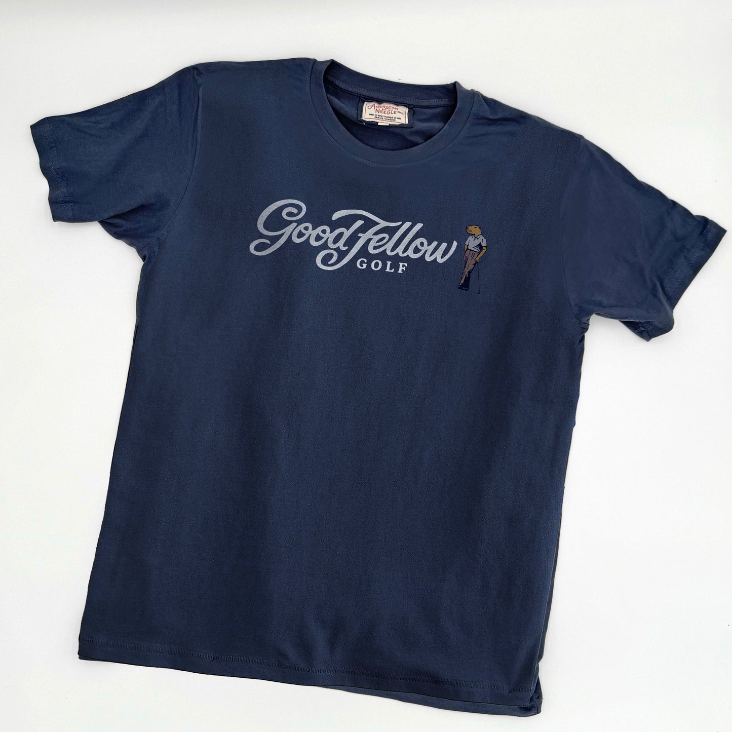 Navy blue crew neck Good Fellow Golf tee with logo