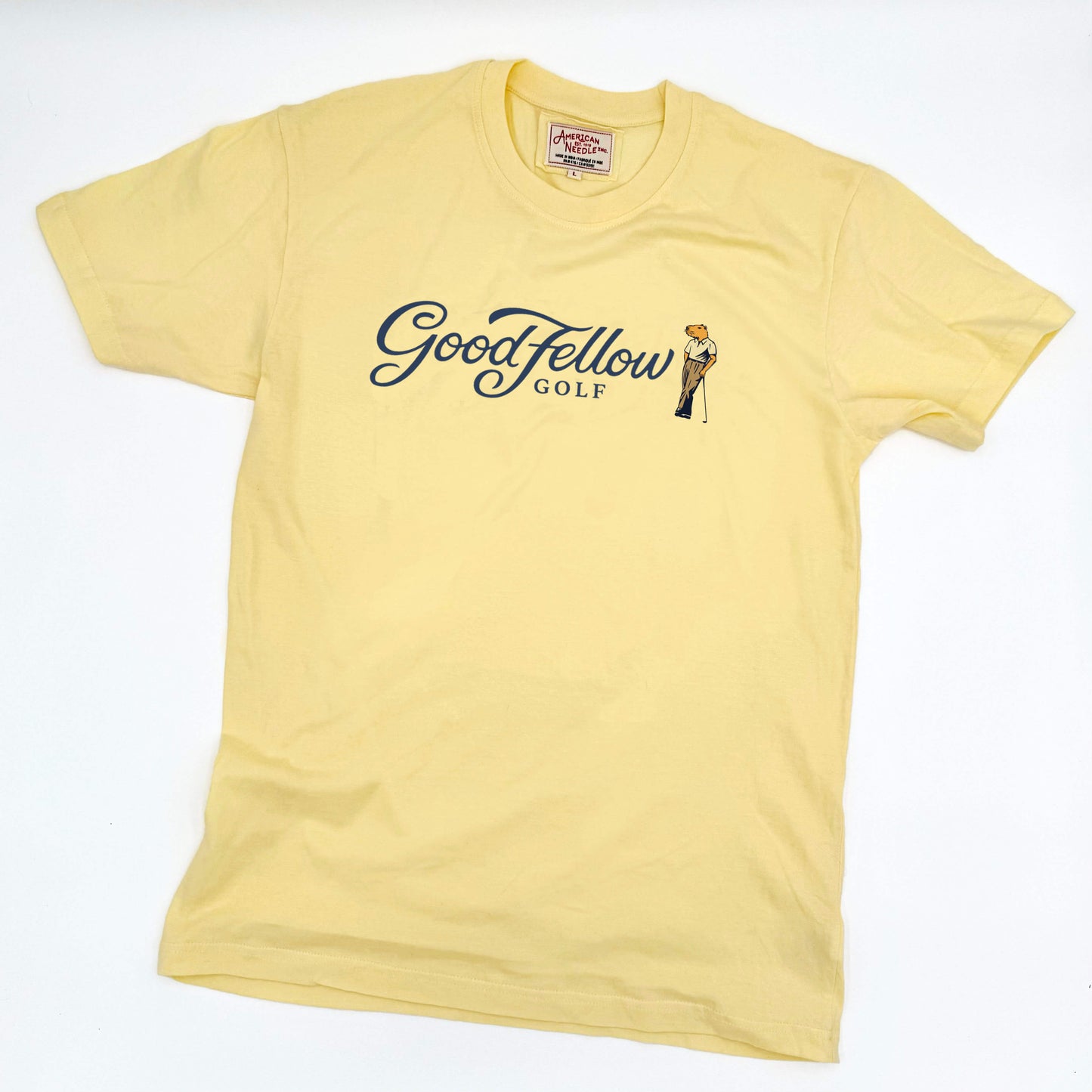 Yellow crew neck Good Fellow Golf tee with logo