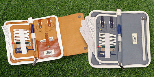 New golf organizers by Jolly Golf. The Pilgrim Vintage in color Buck and the Purist Vintage in color Clark are displayed open with golf accessories.