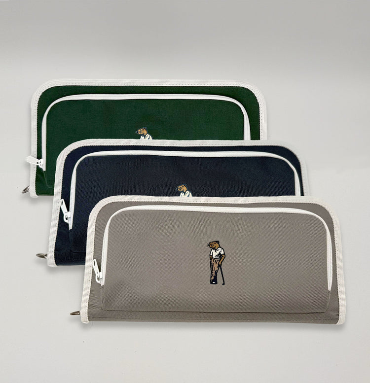 Front product image of Good Fellow golf accessory organizer in 3 colors. Grey, navy and green with white trim and multicolor embroidered mascot at center