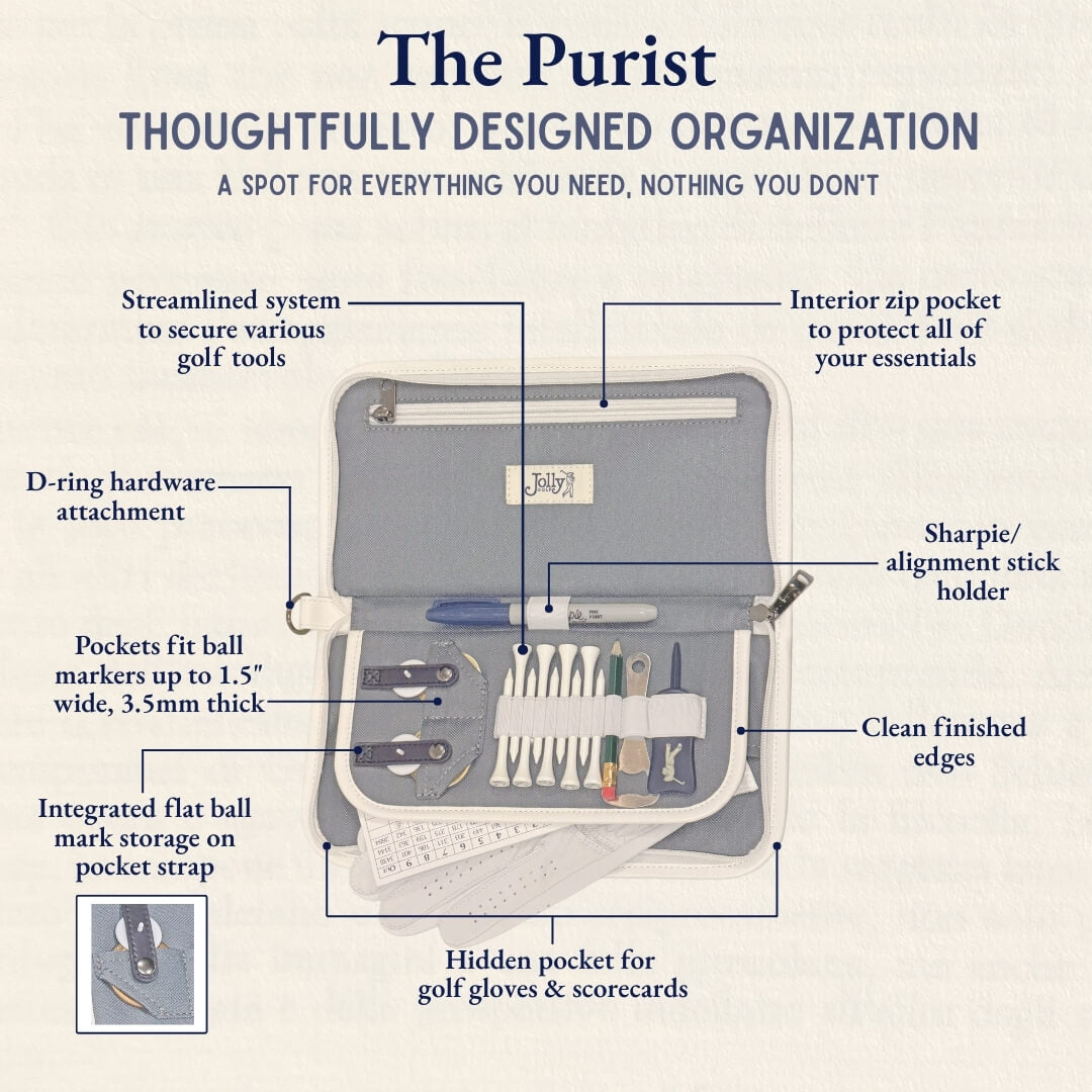 The Purist by Jolly Golf. Diagram of a golf organizer with labeled features on a beige background