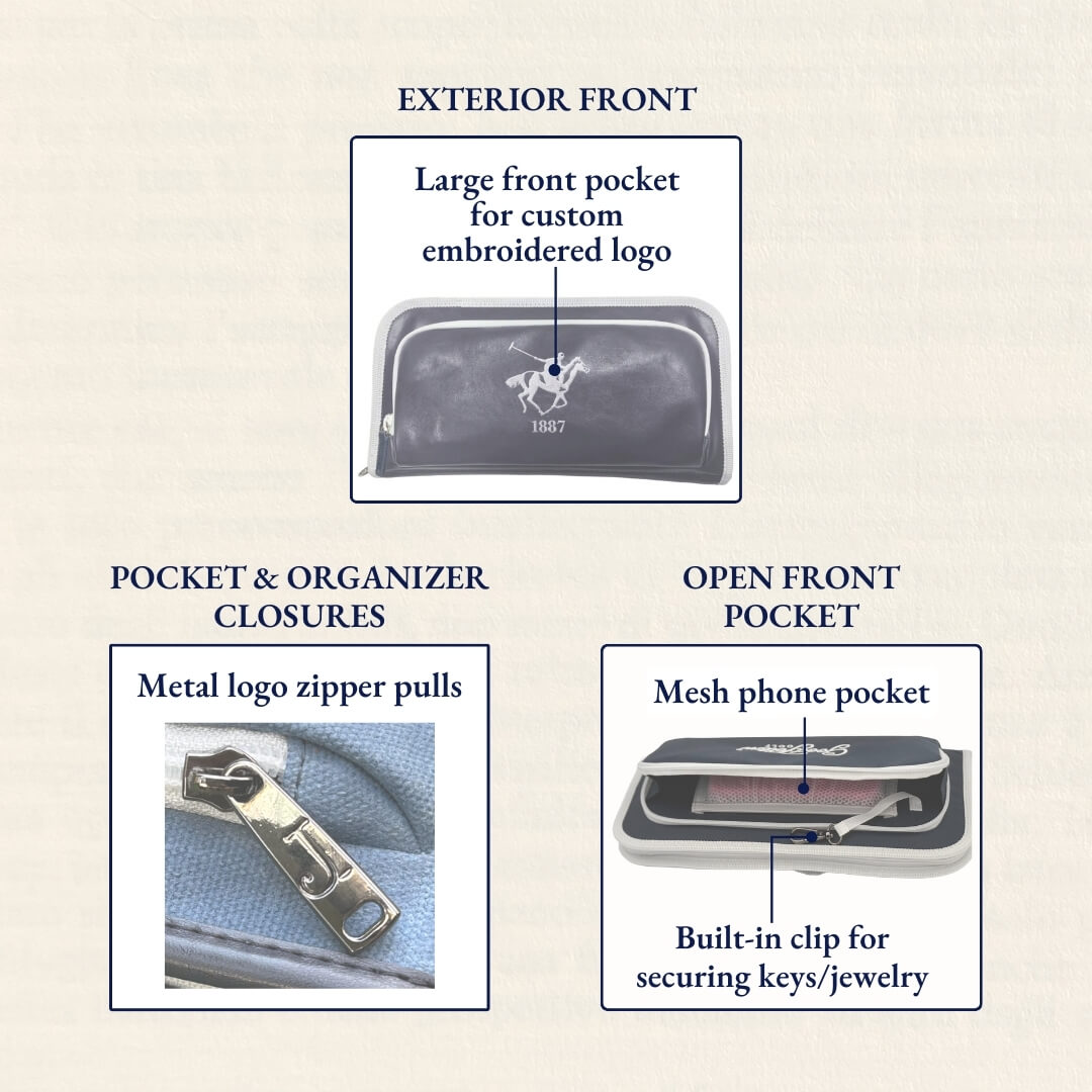 The Purist by Jolly Golf. Product features of golf bag organizer with text labels on a cream background.