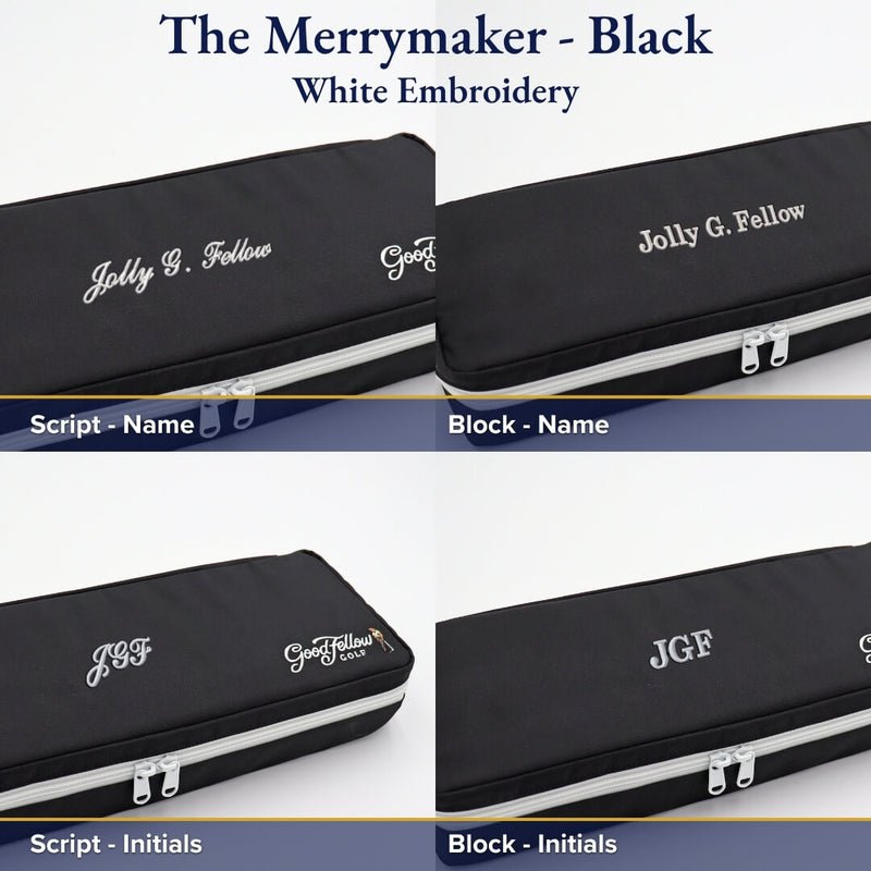 Four black canvas Jolly golf bag organizer pouches with white embroidery showing custom name personalization options