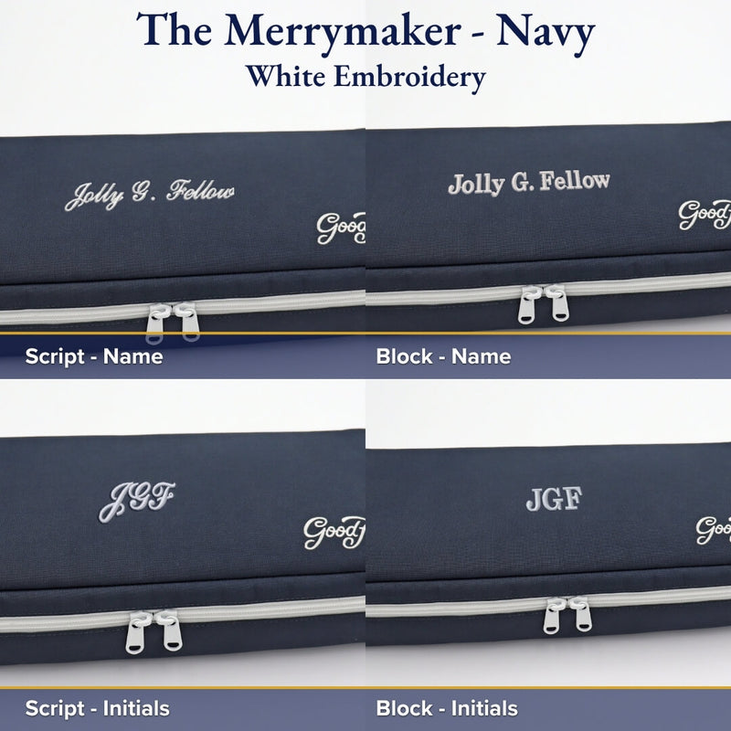 Four navy canvas Jolly golf bag organizer pouches with white embroidery showing custom name personalization options