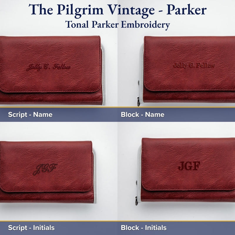 Four burgundy synthetic leather golf bag organizer pouches with tonal embroidery showing custom name personalization options