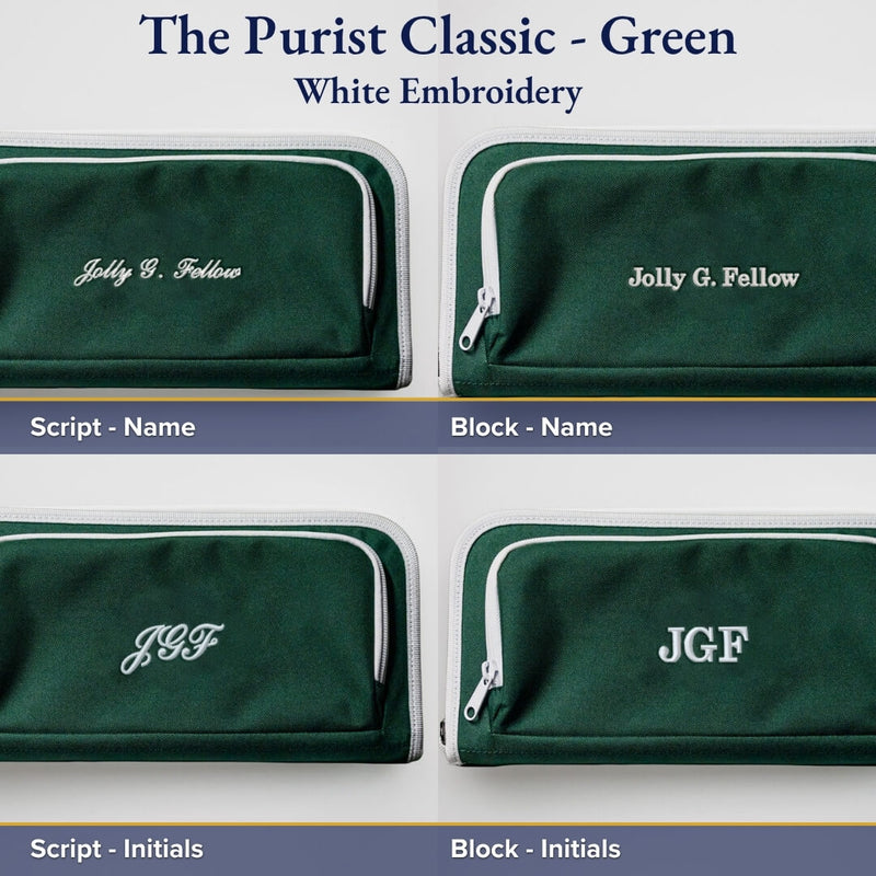 Four green canvas golf bag organizer pouches with white embroidery showing custom name personalization options