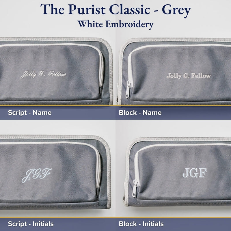 Four grey canvas golf bag organizer pouches with white embroidery showing custom name personalization options