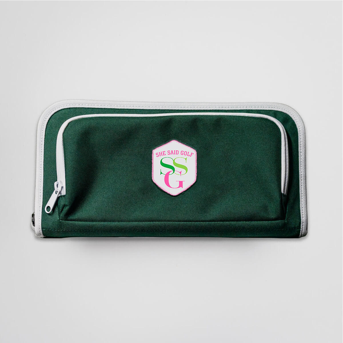 Green golf bag organizer pouch with She Said Golf logo