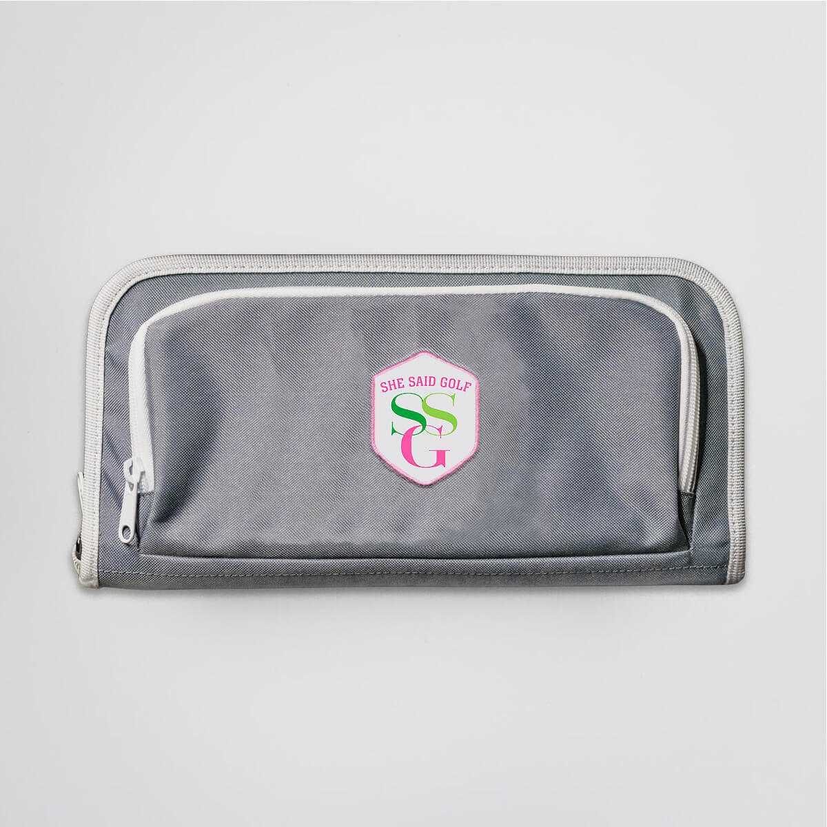 Grey golf bag organizer pouch with She Said Golf logo