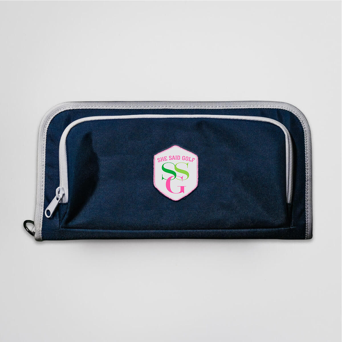 Navy golf bag organizer pouch with She Said Golf logo