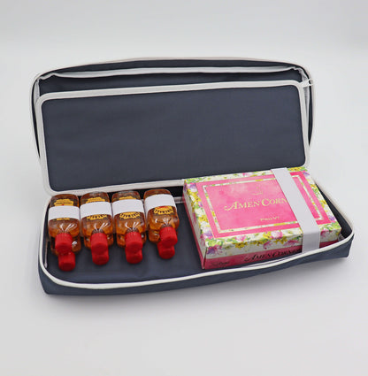 Navy Merrymaker golf organizer shown open with cinnamon whiskey nips and limited edition Masters tournament golf balls inside