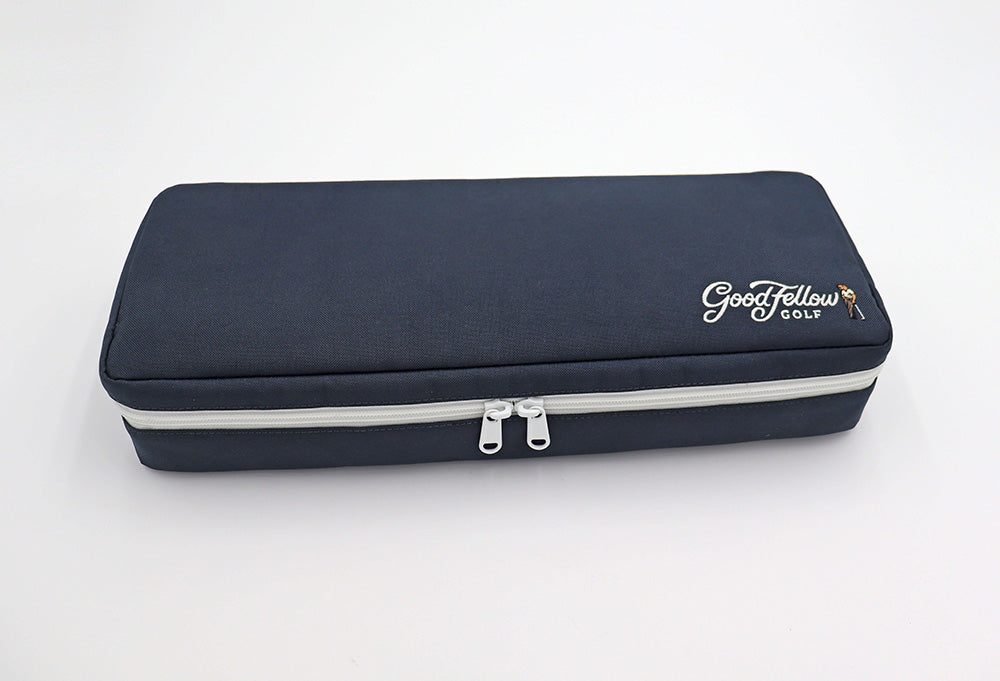 Navy Merrymaker golf organizer with  Good Fellow Golf logo on a white background