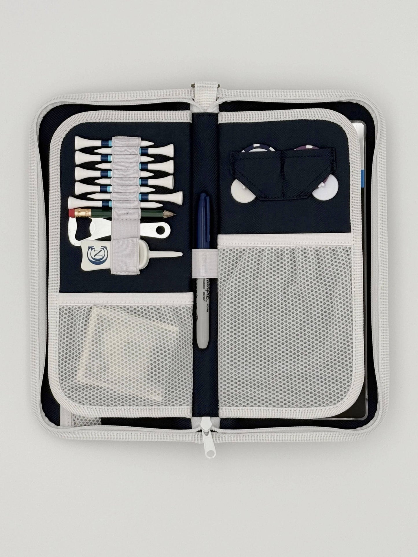 Inner product image of a Good Fellow Golf golf accessory organizer. Navy with white trim and white embroidered logo