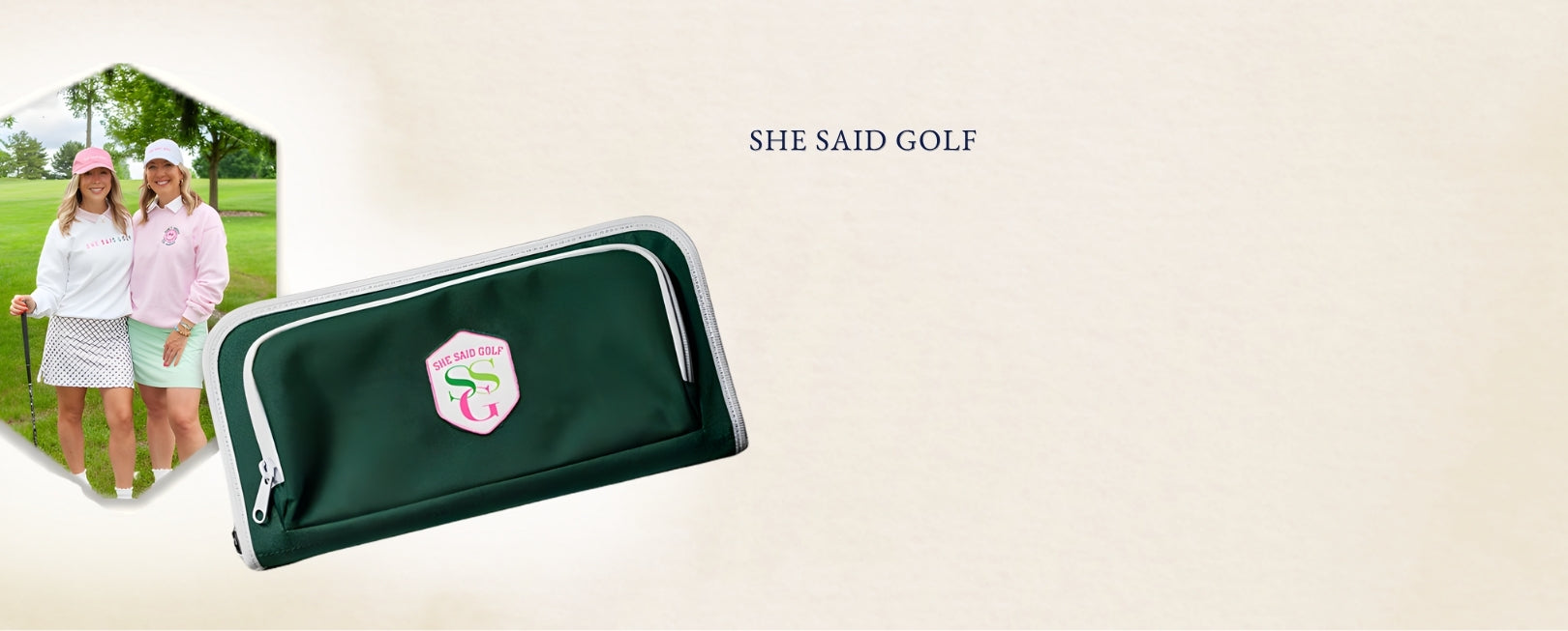 Green golf bag with a logo on a beige background, featuring 'SHE SAID GOLF' text.