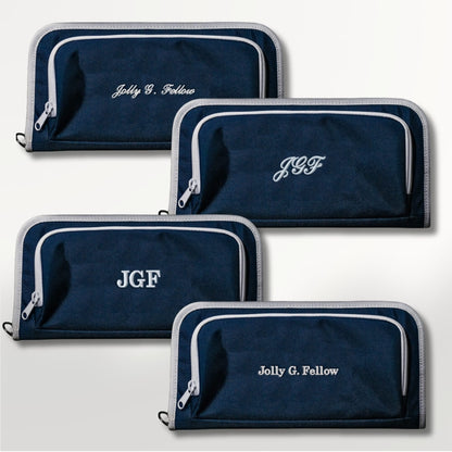 Product image of Jolly Golf's navy canvas Purist Golf Bag Organizer pouch in four available custom embroidery personalized options
