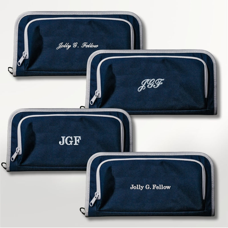 Product image of Jolly Golf's navy canvas Purist Golf Bag Organizer pouch in four available custom embroidery personalized options