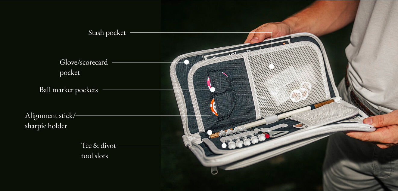 Golf bag organizer with labeled compartments held by a person