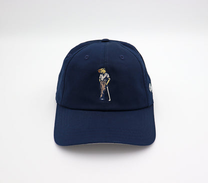 Product image of Good Fellow Golf’s navy blue hat with embroidered logo. Front view.