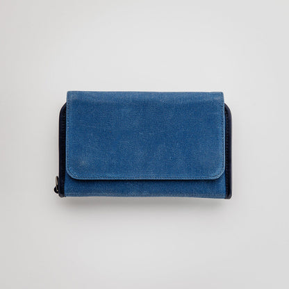 The Pilgrim Field golf bag organizer pouch by Jolly Golf in blue waxed canvas with synthetic leather trim.