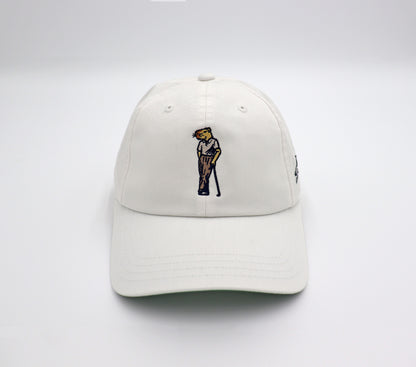 Product image of Good Fellow Golf’s white hat with embroidered logo. Front view.