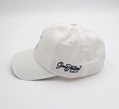 Product image of Good Fellow Golf’s white hat with embroidered logo. Side view.